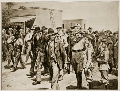 The last attack on Mafeking: B.S.A. Police escorting Boer prisoners to the gaol, from material supplied by Major F.D. Baillie, Special Correspondent of the 